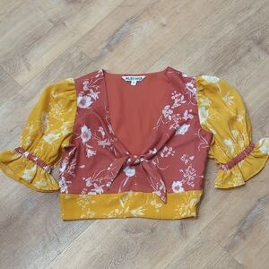 Walter Baker Pink and Yellow Puff Sleeve Crop Blouse